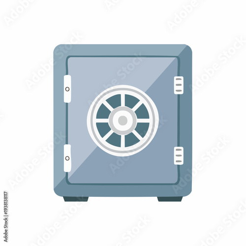 Illustration of a closed, secure safe with a combination dial, flat design.