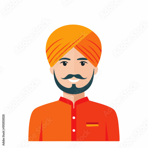 Illustration of a smiling Indian man wearing a turban and traditional orange clothes.