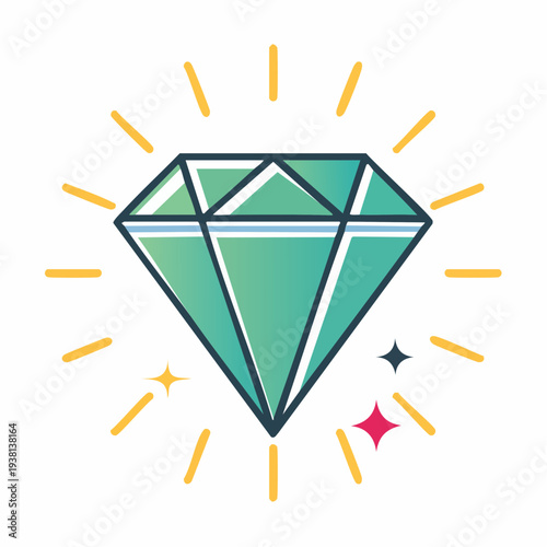 Sparkling diamond gemstone with light rays and stars illustration