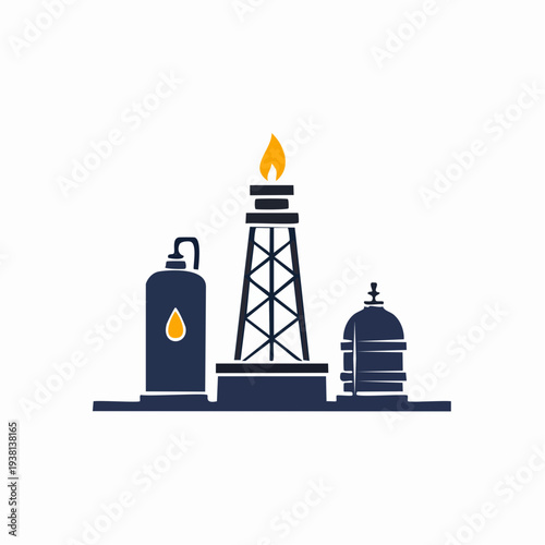 Abstract illustration of oil refinery plant with a burning flame, reservoirs and drilling tower.