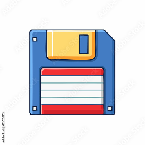 Cartoon illustration of a vintage floppy disk, retro data storage technology.