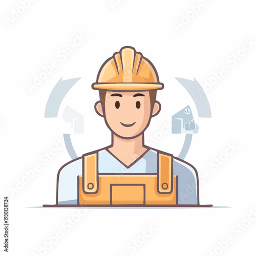 Smiling construction worker with safety helmet and overalls in architectural illustration
