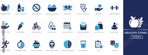 Healthy living icon set for healthcare, balance, wellness, meditation, fitness, routine, mental, and biohacking symbols. Solid icon collection.
