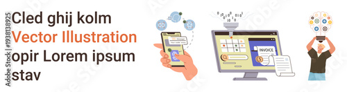 Digital solutions, online transactions, smart technology, payment processing, virtual reality, data analytics. ion of a smartphone, computer screen and person using a VR headset. Digital solutions