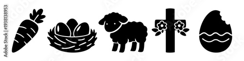 Set of minimalist black Easter icons including a carrot, bird nest with eggs, fluffy lamb, floral cross, and a bitten chocolate egg. Clean silhouette vector graphics for holiday projects.