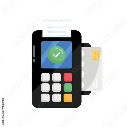 POS terminal flat vector icon with credit card and bill receipt for mobile payment, retail shopping, business commerce, financial transaction, banking service, and cashless system. Vector EPS 10.