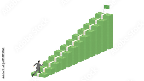 Isometric businessman running up banknote stack graph towards green goal flag for financial success money growth investment strategy wealth management and business achievement concept