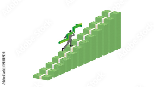 Isometric businessman carrying green upward growth arrow running up banknote stacks graph for financial profit success money investment strategy and wealth management concept