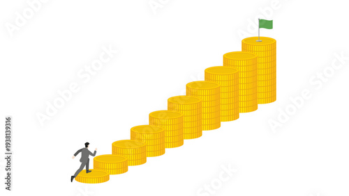 Isometric businessman running up gold coin stack graph reaching green goal flag for financial success money growth investment strategy wealth management and business achievement concept