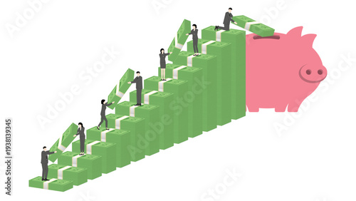 Isometric business teamwork with men and women carrying banknotes up stack graph towards piggy bank for financial security money savings and investment success concept