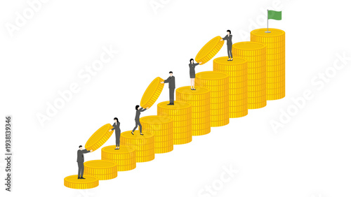 Isometric business teamwork with men and women carrying gold coins up stack graph towards goal flag for financial success money growth investment strategy and wealth management