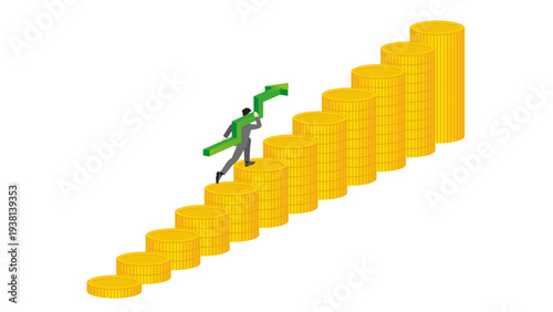 Isometric businessman carrying green upward growth arrow running up gold coin stacks graph for financial profit success money investment strategy and wealth management concept