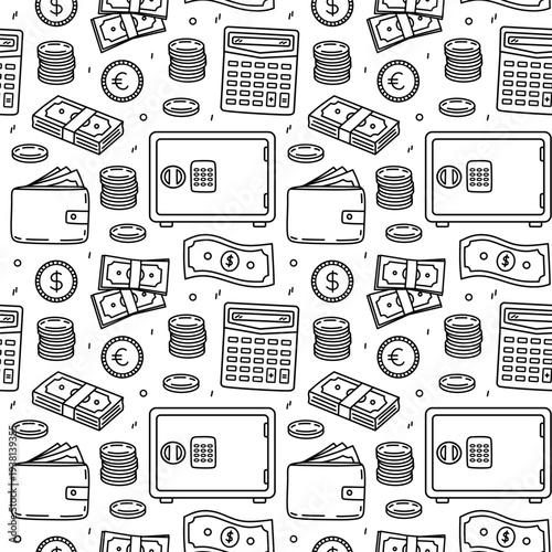 Seamless finance pattern with stacks of money, wallet, safe, coins and cash. Black and white doodle background for business, savings, investment design. Vector hand-drawn illustration.