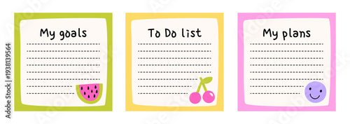 Cute hand-drawn to do list and planner note templates with doodle fruit and smiley. Colorful memo cards for goals, plans, and tasks. Perfect for planner, organizer, stationery, and printable design.