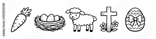 Hand-drawn Easter icons featuring a carrot, nest with eggs, cute lamb, Christian cross with flowers, and decorated egg. Minimalist black and white doodle style perfect for crafts and coloring.