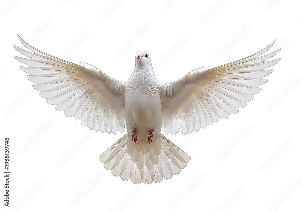 Fototapeta premium White dove flying with wings spread isolated on transparent background