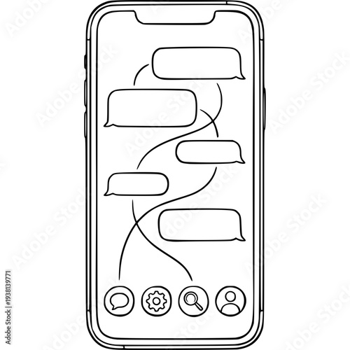 Smart Communication Path: This illustration of a smart phone showcases a series of interconnected message bubbles, symbolizing digital communication pathways, surrounded by interface icons.