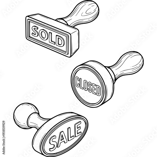 Stamps of Commerce: Three classic rubber stamps—Sold, Closed, and Sale—are showcased, symbolizing the dynamics of transactions. Each is crafted in a detailed illustration.