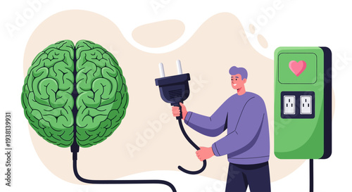Man recharging brain with electric cable near green energy charging station