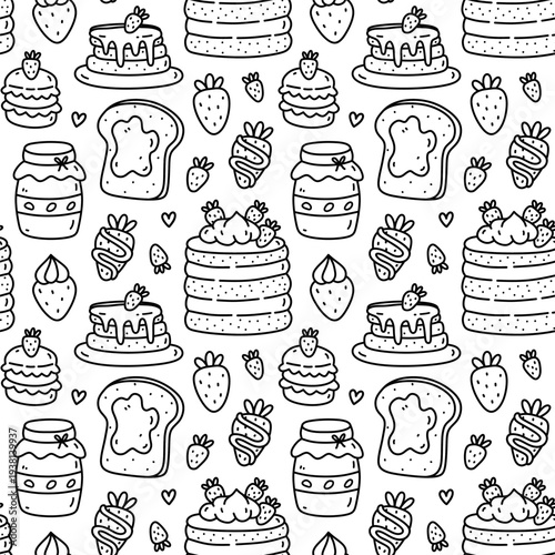 Cute seamless pattern with desserts - cake slices, pancakes, strawberry jam and toast. Vector hand-drawn doodle illustration. Perfect for print, wrapping paper, wallpaper, menu, bakery design