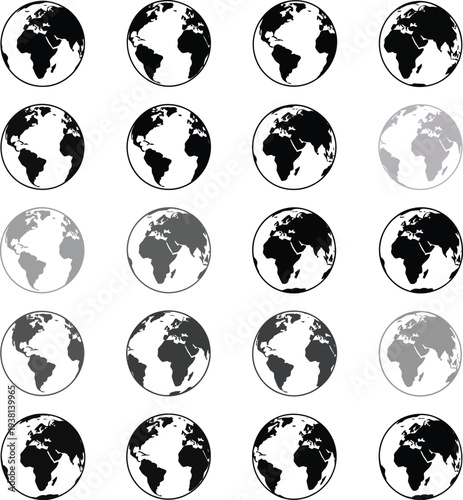 Collection of black and white globe icons