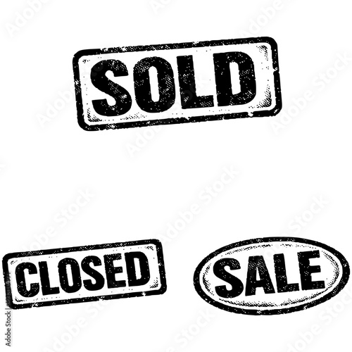 Sold, Closed, Sale: A trio of vintage-style stamps, each boldly proclaiming Sold, Closed, and Sale on a neutral background, ready to be applied.