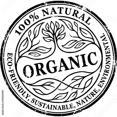 Organic Symbol: A circular emblem proclaiming 100% NATURAL ORGANIC, featuring a tree intertwined with leaves, promoting environmental responsibility and sustainable living. 
