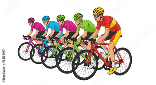 Cyclists riding in a line on their bicycles in a competitive cycling event