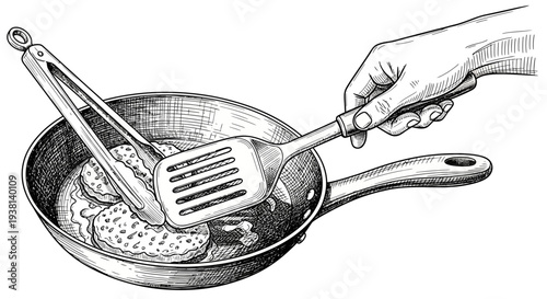 Hand flipping fish in a pan with a spatula and tongs, cooking illustration