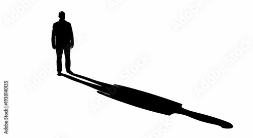 Silhouette of a man standing with a long shadow cast on the ground, viewed from behind