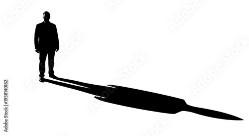 Man standing alone with long shadow on white background, viewed from the side, illustrating solitude and mystery