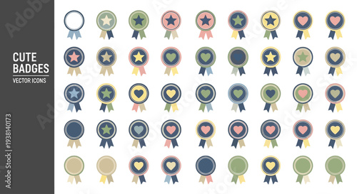 Collection of colorful badges and icons in various shapes and designs displayed on a clean white background