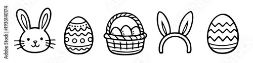 Cute hand-drawn Easter doodle icons including bunny, decorated eggs, basket, and rabbit ears. Simple black line art vector for holiday cards, coloring pages, and seasonal decor elements.