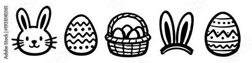 Hand-drawn Easter icon set featuring a bunny face, decorated eggs, and a basket. Minimalist black line art doodles on white background, perfect for festive holiday designs and coloring activities.