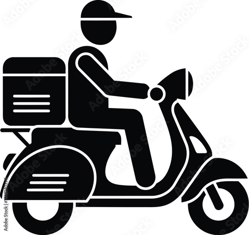 Delivery person silhouette riding a motor scooter with a large insulated box on the rear rack.