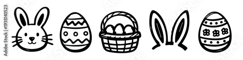 Cute hand-drawn Easter doodle icons set featuring bunny, decorated eggs, basket, and rabbit ears. Minimalist black line art on white background for festive holiday designs and coloring.