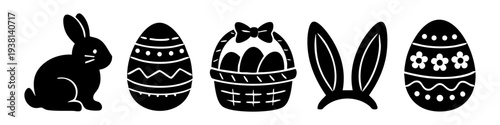 Set of black silhouette Easter icons including a rabbit, decorated eggs, a basket, and bunny ears. Minimalist vector illustration for festive holiday designs, cards, and invitations.