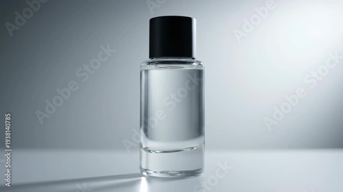 Minimalist studio shot of a clear glass cosmetic or perfume bottle with a black cap, reflecting purity and premium product design on a bright background.