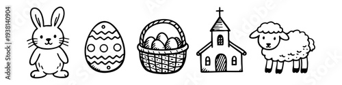 Easter hand-drawn doodle set featuring a cute bunny, decorated egg, basket, church, and lamb. Minimalist black and white line art icons for spring holiday design, crafts, and decoration.
