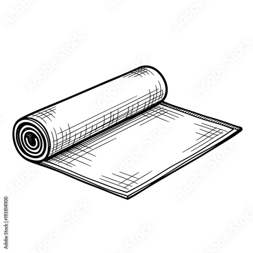 Illustration of a rolled shower mat isolated on a white background, featuring detailed line art and shading for a clean, minimalist design