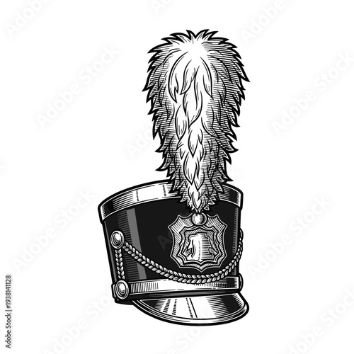 Illustration of a marching band hat with decorative plume, isolated on a white background, featuring intricate details and vintage style