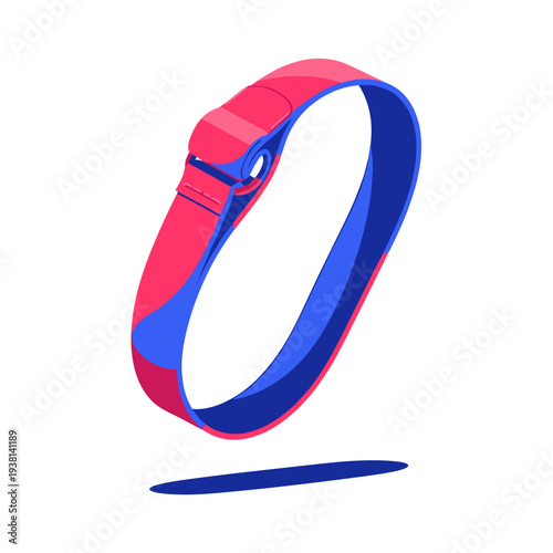 Colorful yoga strap with buckle isolated on white background, vibrant pink and blue design, minimalist composition