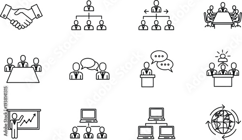 Collection of black and white line art icons depicting various business meeting, communication, and organizational structures.