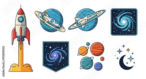 Collection of Space Themed Illustrations and Icons.