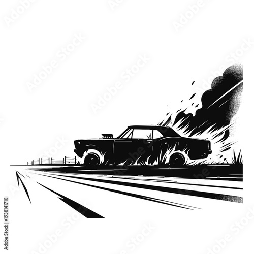Vintage burned pickup truck on deserted road