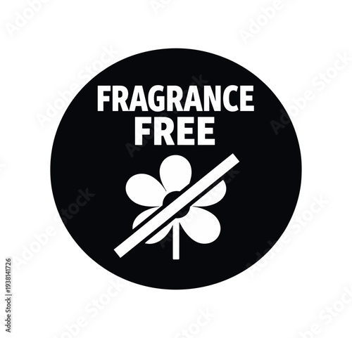 Circular black badge reading fragrance free with a flower crossed by a diagonal line, used for product labeling and allergen info.