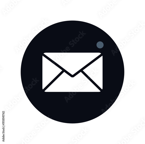 White mail envelope centered in a dark circular badge with a small notification dot, created as a flat vector icon for email, messages, notifications, and communication ui.