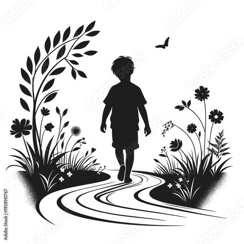 Child walking through floral path in nature background