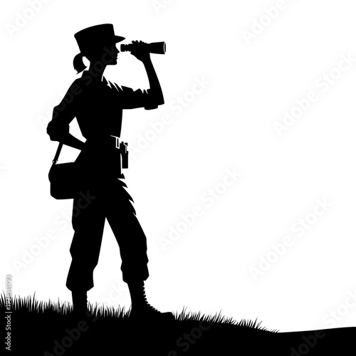 Soldier using binoculars on grassy hillside