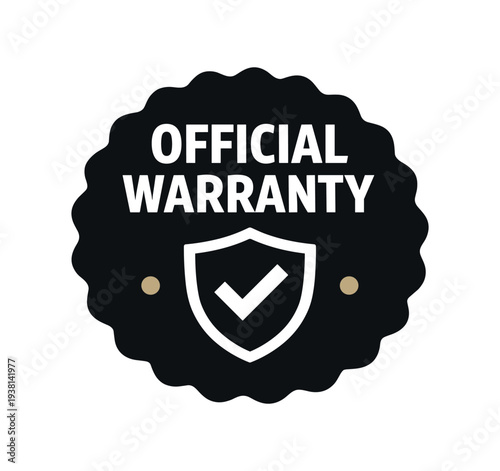 Black scalloped seal badge reading "official warranty" with a shield and checkmark symbol, designed as a simple product guarantee or certification icon.